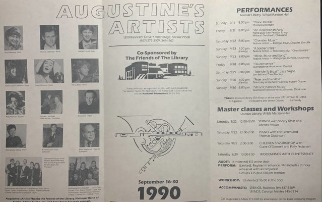 A fold-out pamphlet for Augustine's Artists, separated into three sections. The first has photographs of the different performers. The middle section has the logo, contact information, and date of the festival- Septemper 16-30, 1990. The last section has a detailed list of the different performances and workshops