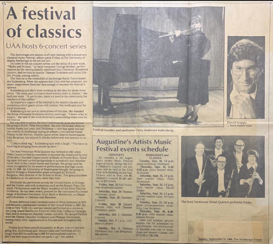 A 1991 clipping from the Anchorage Times describing a six-concert classical music festival. It inclcudes a large photograph of Terry playing the flute while standing next to a piano.