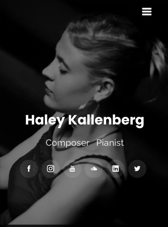 A black-and-white photo of a woman with her eyes closed. Text on the photo reads 'Haley Kallenberg, composer, pianist'. There are icons for various social media overlaid on the photo