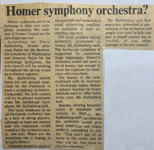 A clipping from the Homer News titled, 'Homer symphony orchestra?'