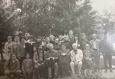 A black-and-white group photo
