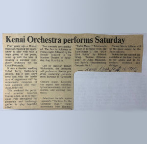 A 1986 clipping from the Homer News titled, 'Kenai Peninsula orchestra performs Saturday'