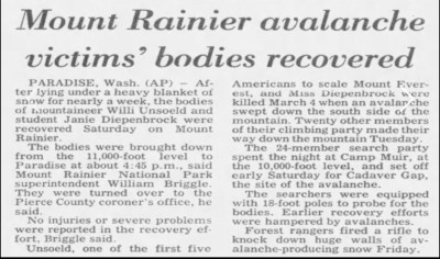 A newspaper article titled 'Mount Rainier avalanche victims' bodies recovered'