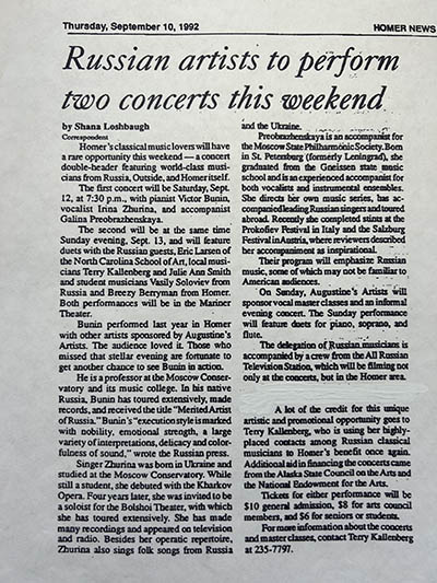 A 1992 Homer News article, titled 'Russian artists to perform two concerts this weekend'