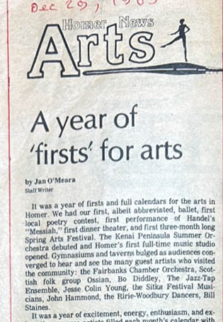 An article from the Homer News arts section, titled 'A year of firsts for arts'