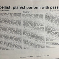 A clipping of an Anchorage Daily News article from 1990, titled 'Cellist, pianist perform with passion'