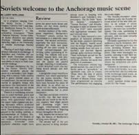 A clipping of an Anchorage Times article from 1991, titled 'Soviets welcome to the Anchorage music scene'